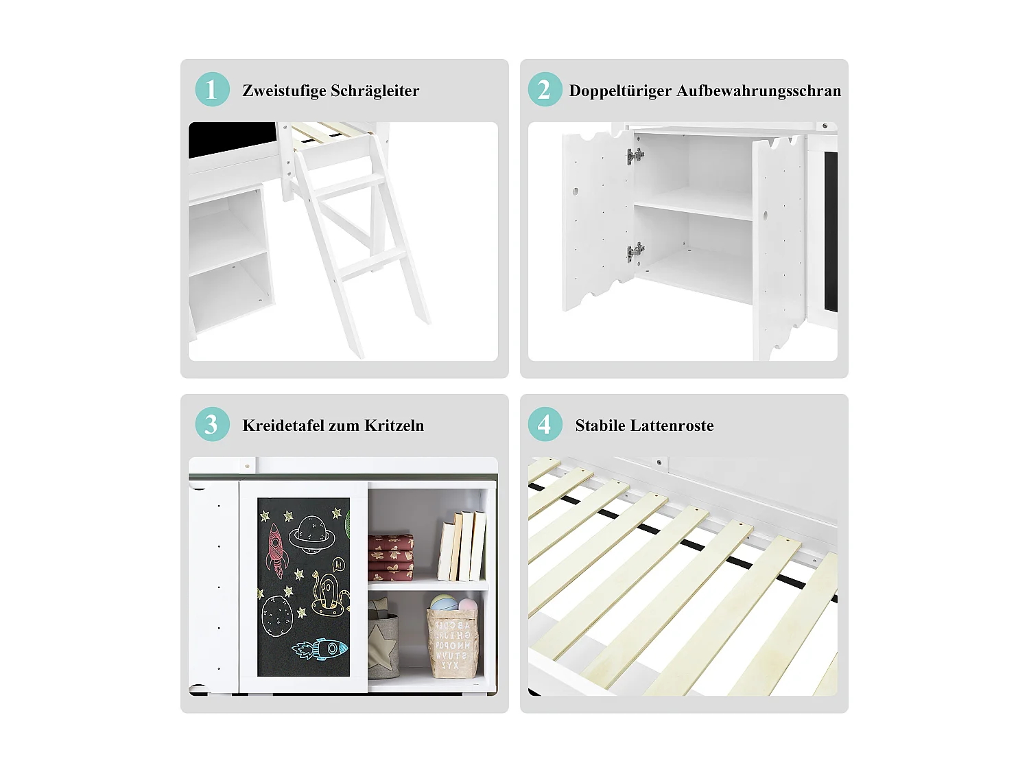 Cama alta infantil - 90 x 200 cm - con armario de 2 puertas y barra para colgar cuadros + barandilla de seguridad - pino + MDF + contrachapado - blanca