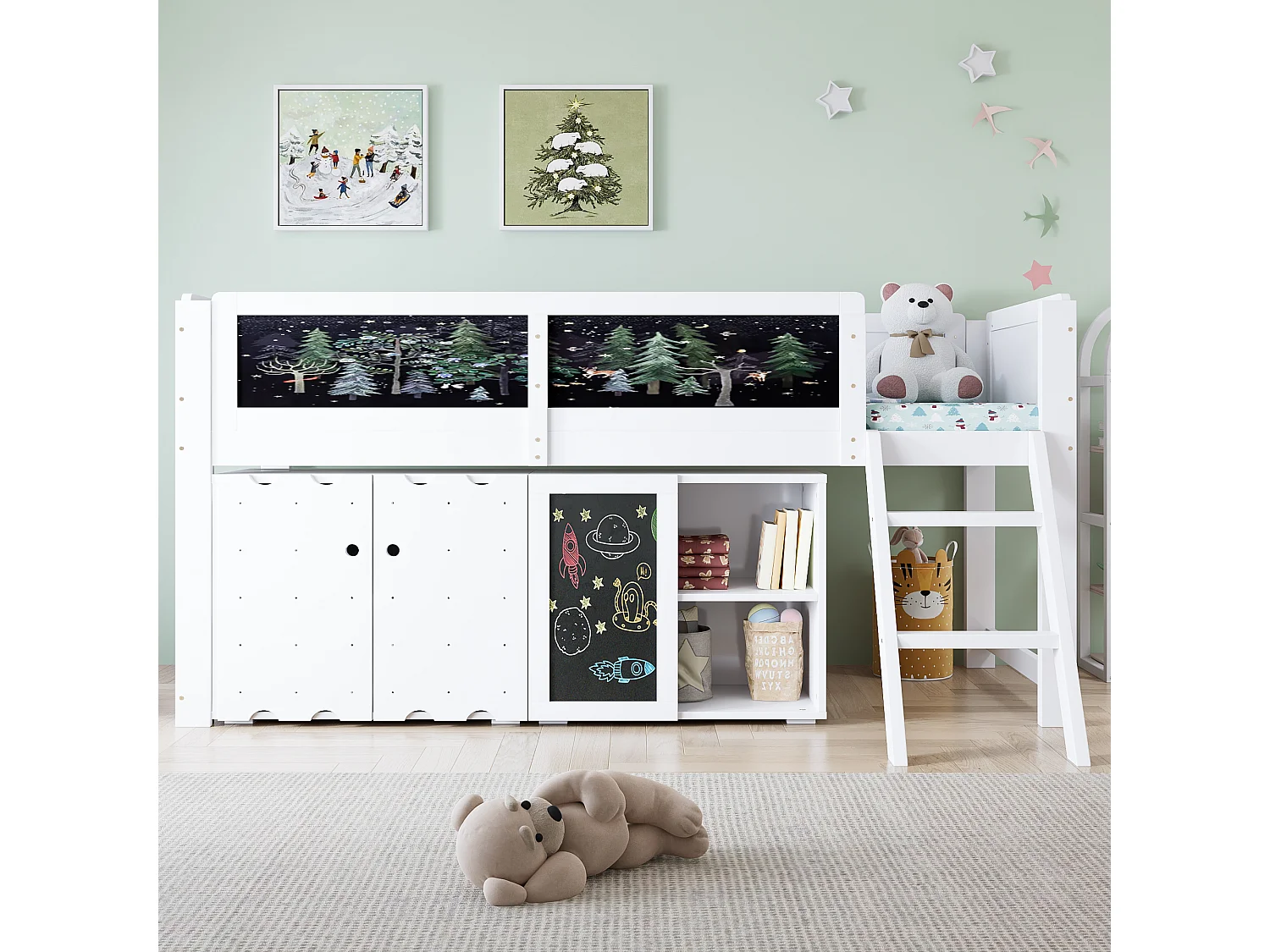 Hochbett für Kinder – 90 x 200 cm – mit 2-türigem Kleiderschrank, Bilderleiste und Sicherheitsgeländer – Kiefernholz, MDF und Sperrholz – weiß