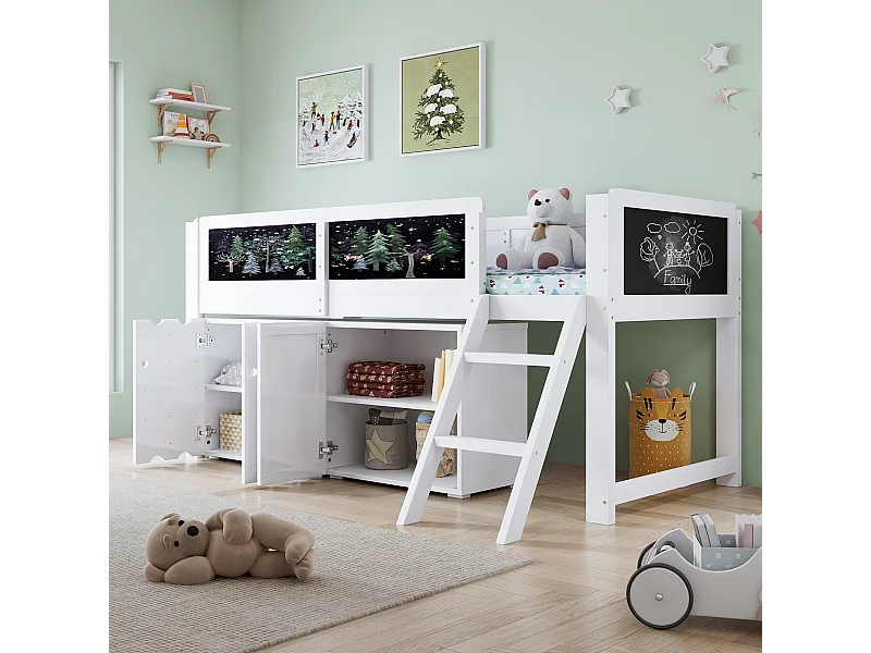 Lit mezzanine pour enfant - 90 x 200 cm - avec placards à 2 porte et tableau + barrière de sécurité - pin + MDF + contreplaqué - blanc