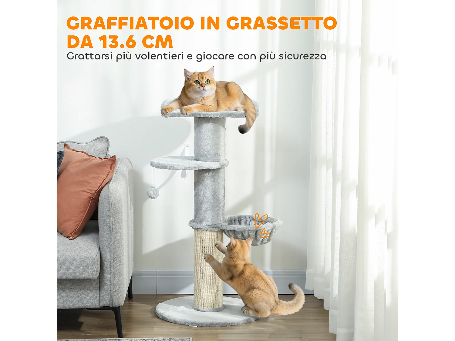 Albero tiragraffi alto 103.5 cm con lettino e amaca in peluche grigio
