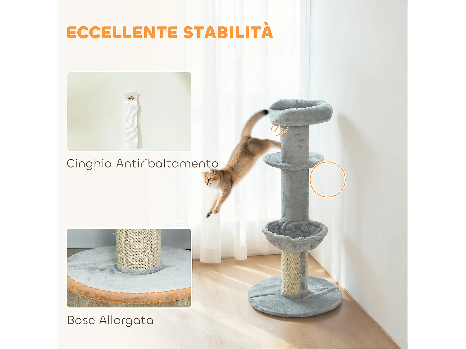 Albero tiragraffi alto 103.5 cm con lettino e amaca in peluche grigio