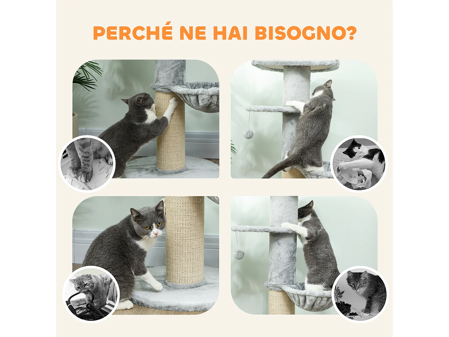 Albero tiragraffi alto 103.5 cm con lettino e amaca in peluche grigio