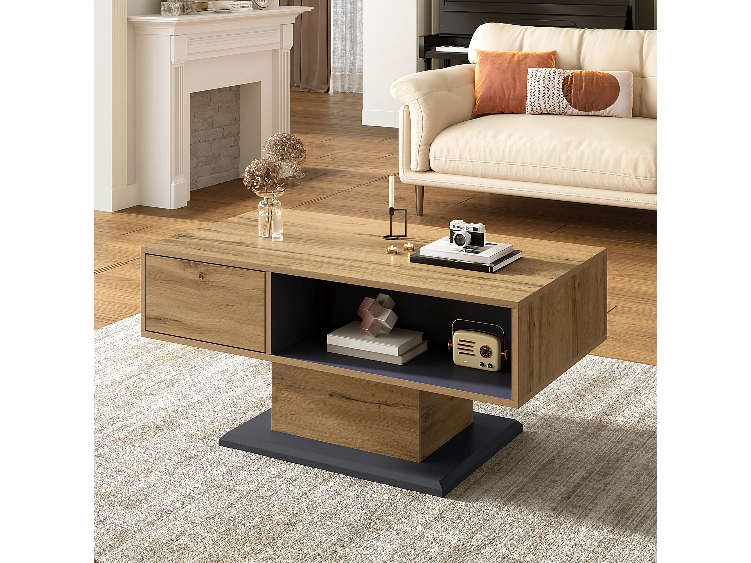 Tavolino moderno con contenitore - 100 x 50 x 46,5 cm - con ripiano e scomparto interno - truciolare - naturale chiaro