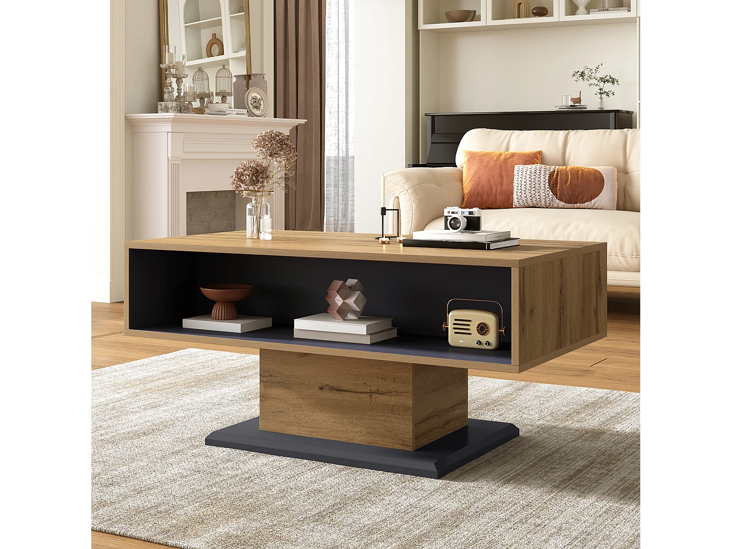 Tavolino moderno con contenitore - 100 x 50 x 46,5 cm - con ripiano e scomparto interno - truciolare - naturale chiaro