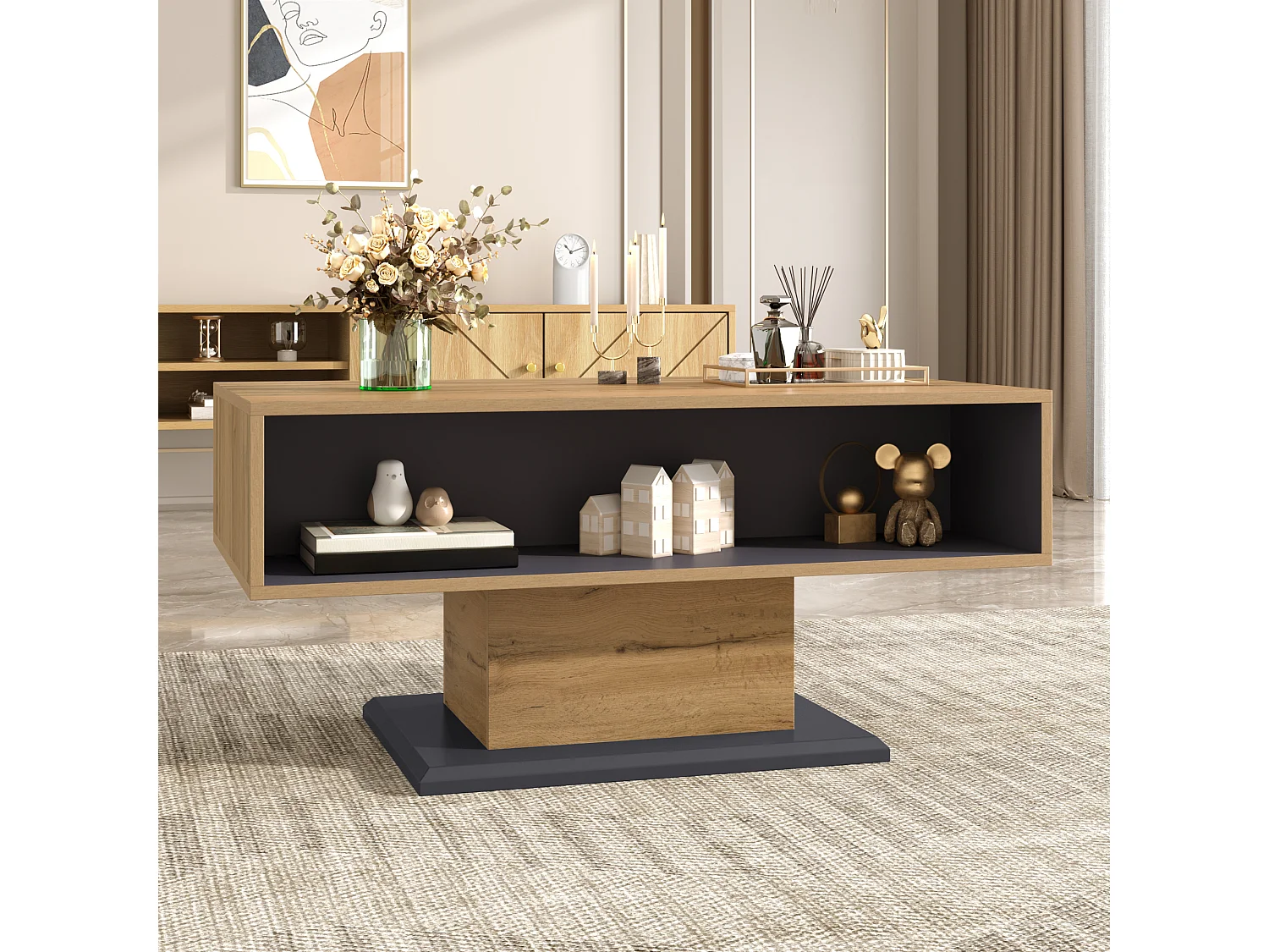 Tavolino moderno con contenitore - 100 x 50 x 46,5 cm - con ripiano e scomparto interno - truciolare - naturale chiaro