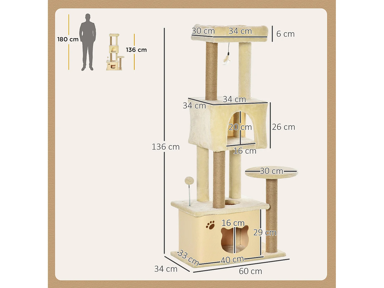 Albero tiragraffi per gatti con 2 casette e lettino beige