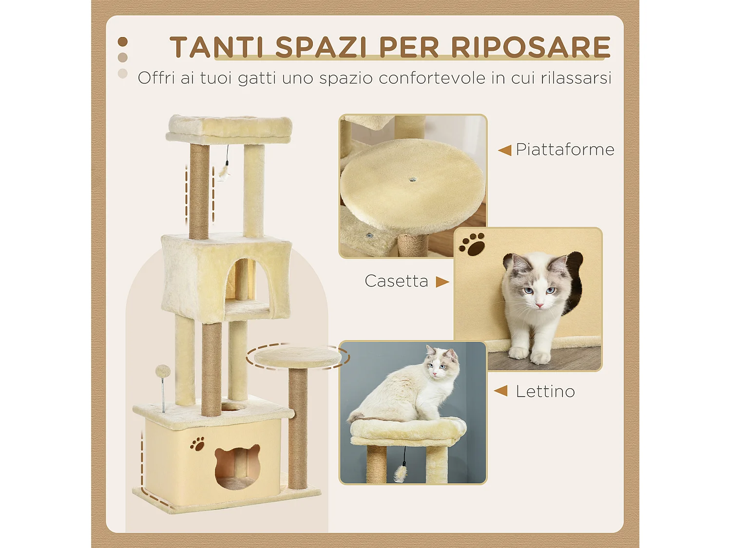 Albero tiragraffi per gatti con 2 casette e lettino beige