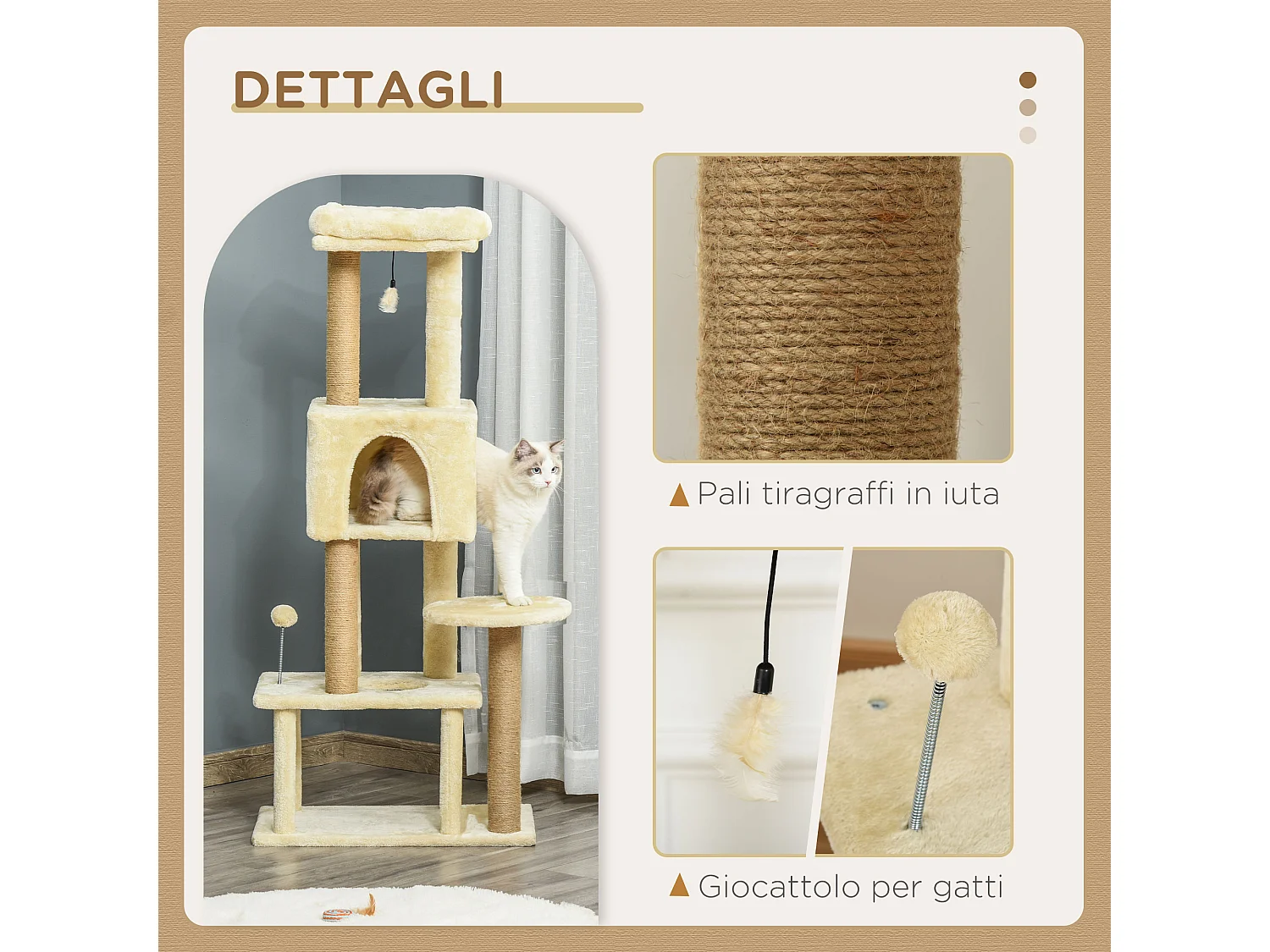 Albero tiragraffi per gatti con 2 casette e lettino beige