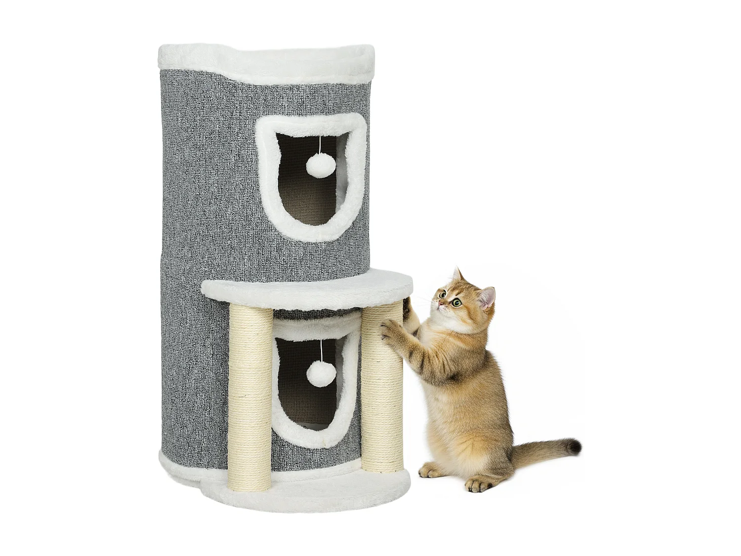 Albero tiragraffi per gatti alto 76cm con casette e lettino grigio