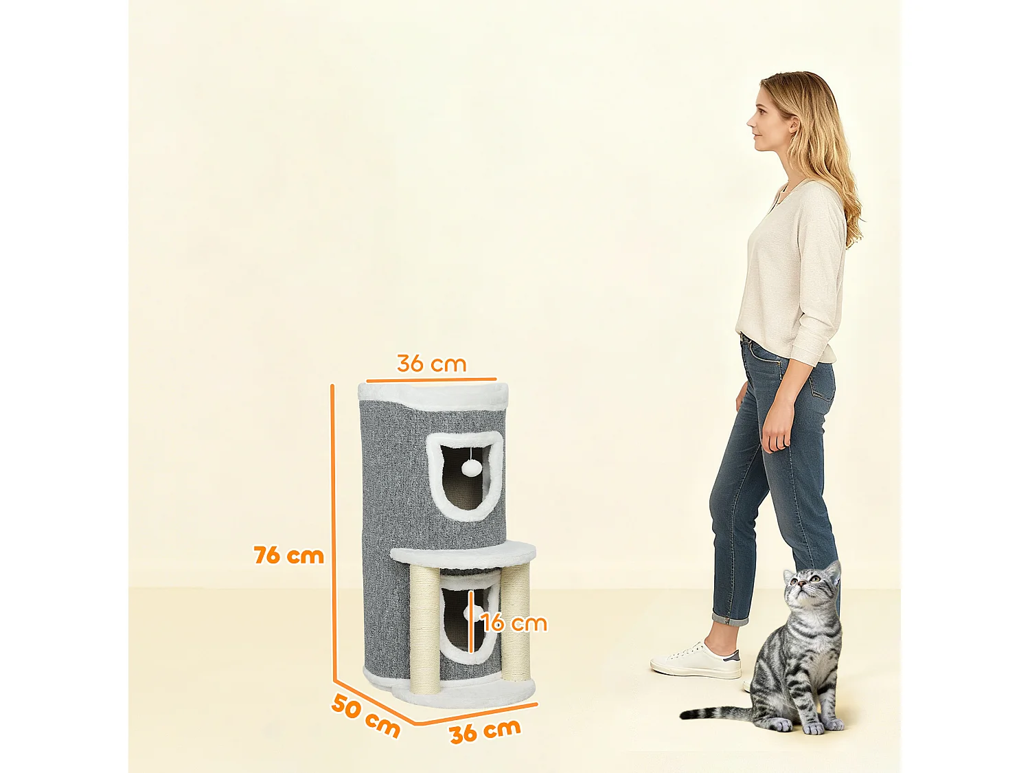 Albero tiragraffi per gatti alto 76cm con casette e lettino grigio