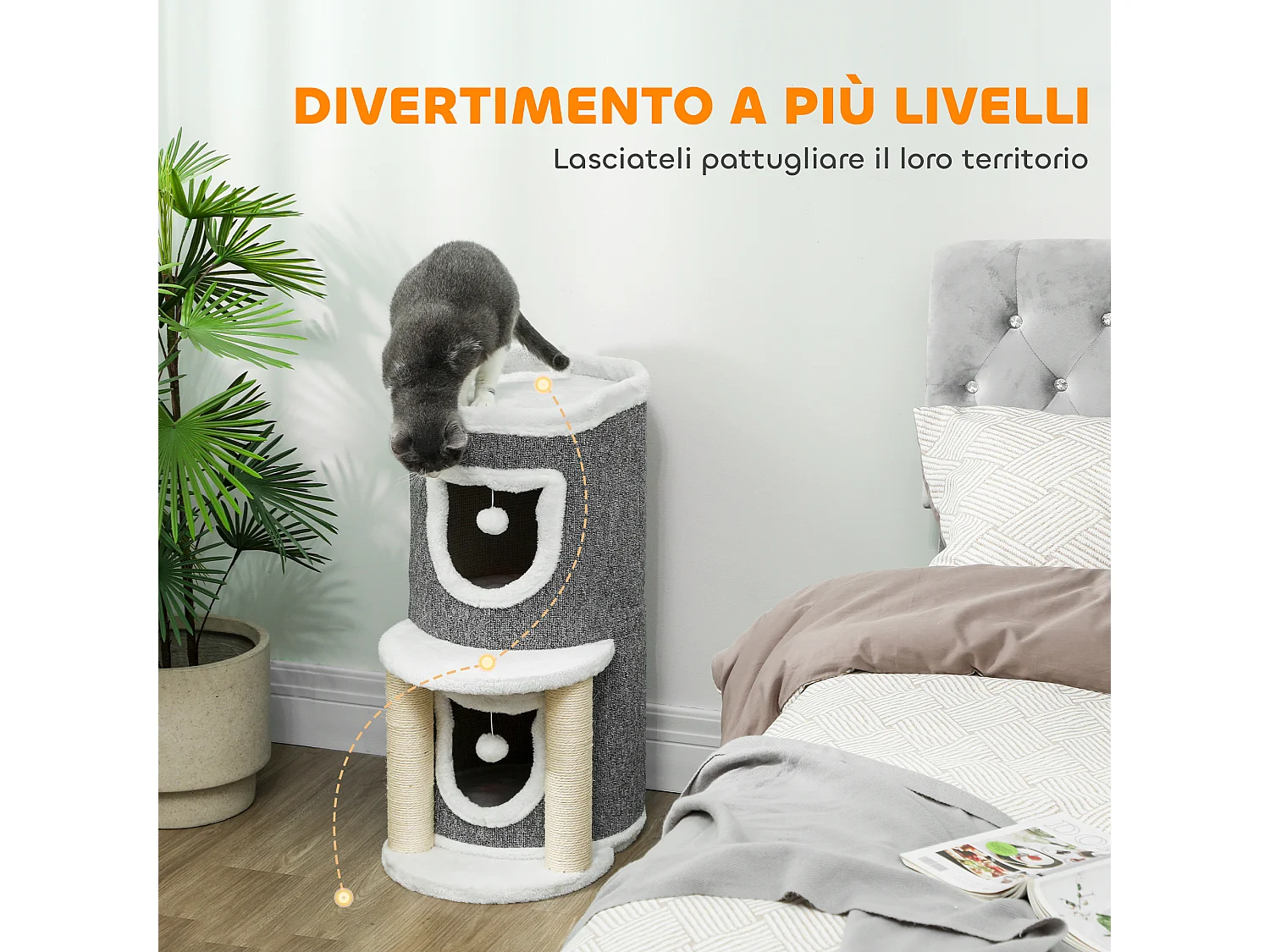 Albero tiragraffi per gatti alto 76cm con casette e lettino grigio