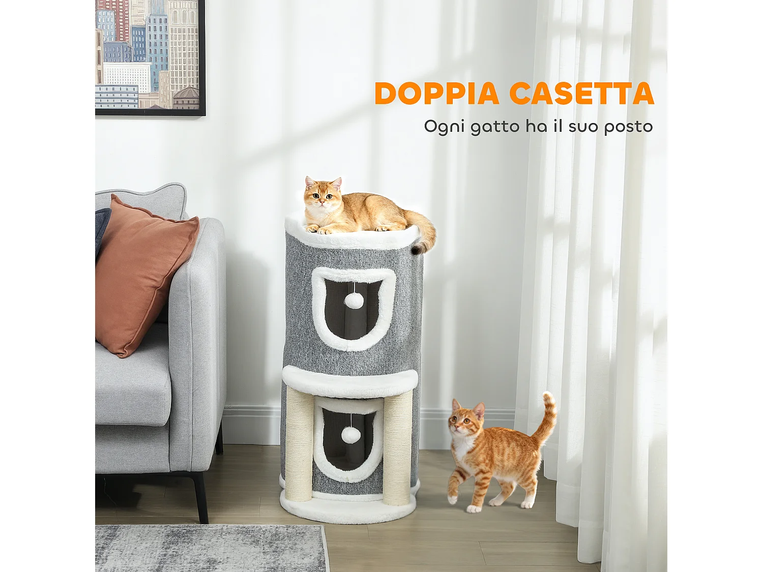 Albero tiragraffi per gatti alto 76cm con casette e lettino grigio