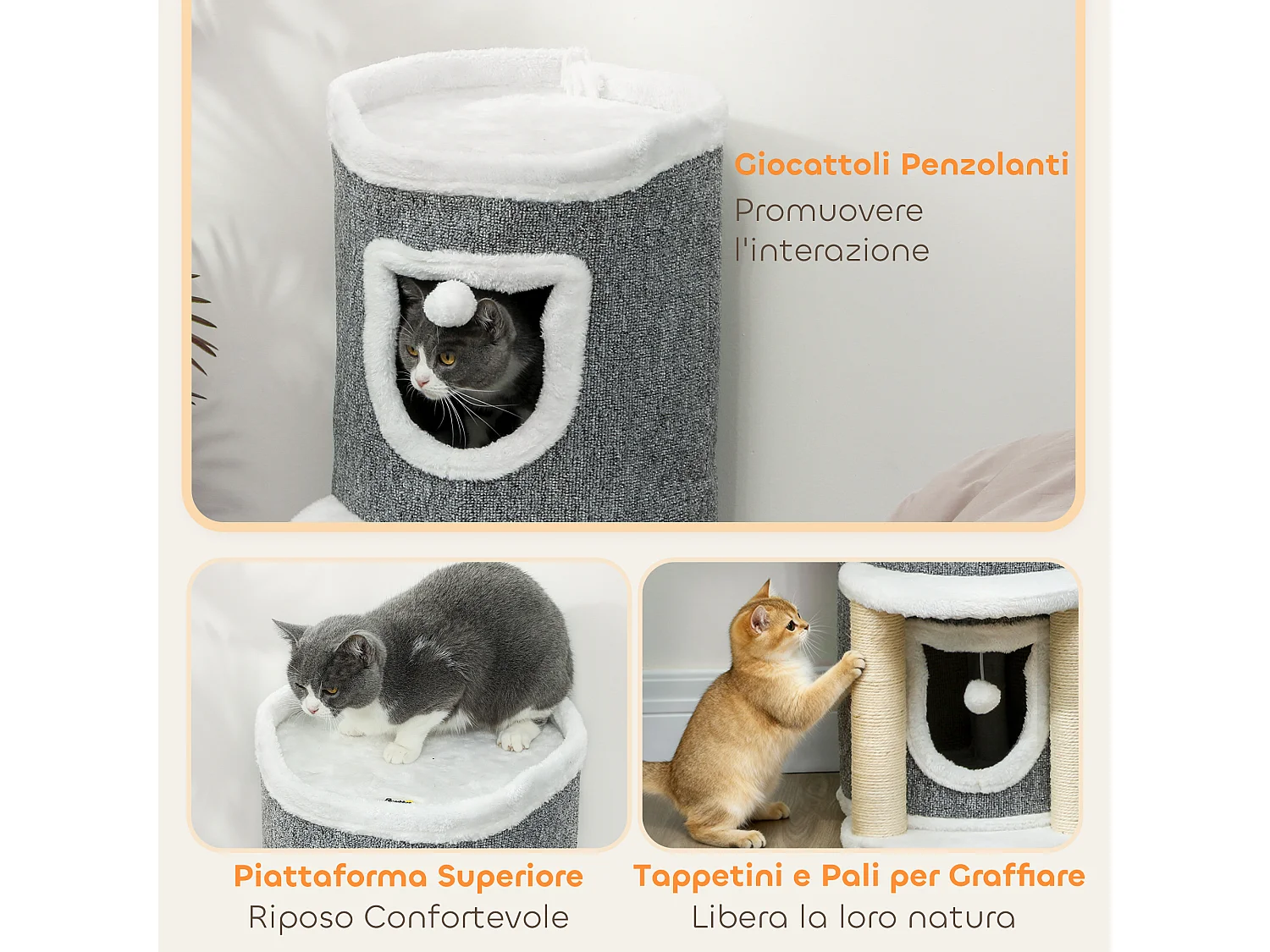 Albero tiragraffi per gatti alto 76cm con casette e lettino grigio