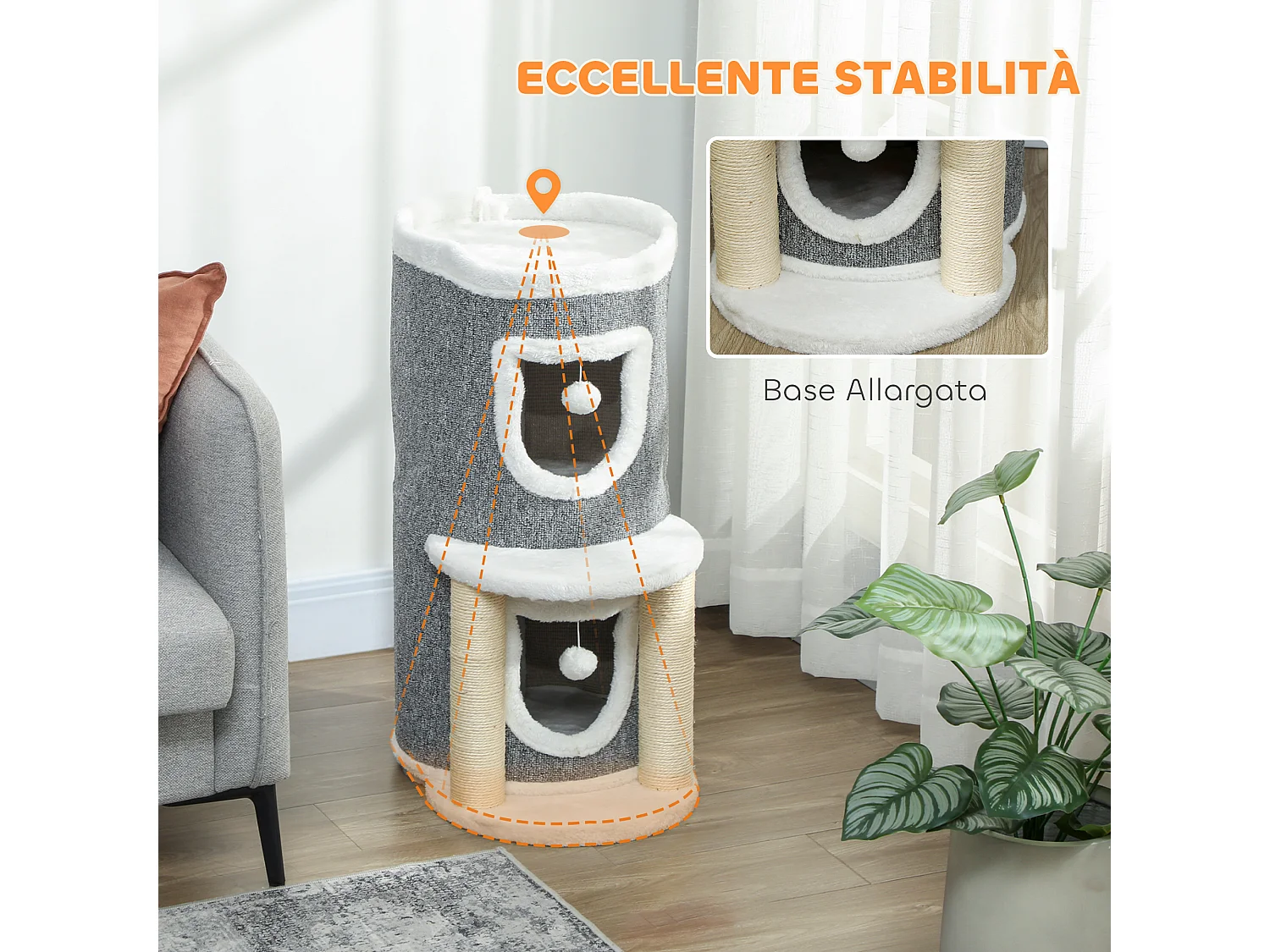 Albero tiragraffi per gatti alto 76cm con casette e lettino grigio