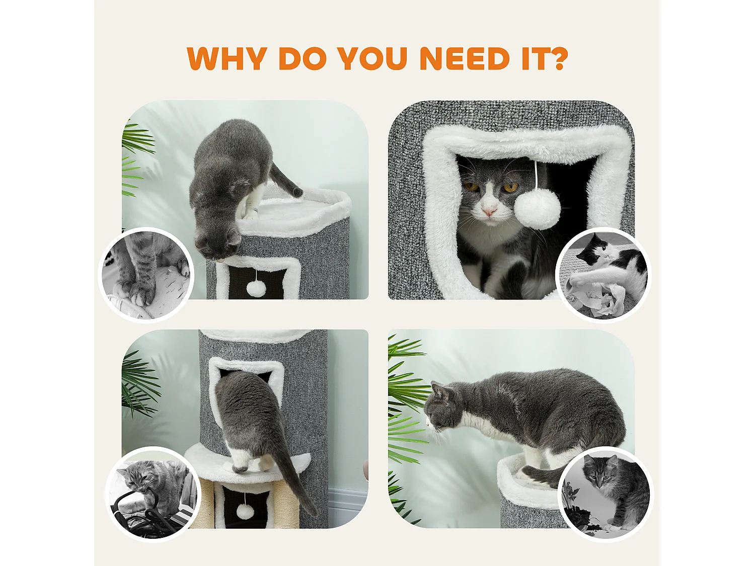 Albero tiragraffi per gatti alto 76cm con casette e lettino grigio