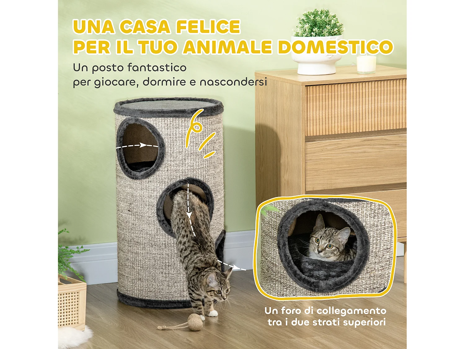 Cuccia per gatti a 3 livelli con tiragraffi in sisal e peluche grigio
