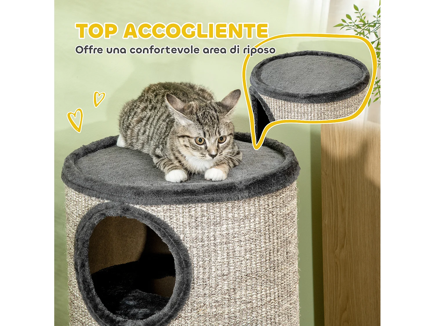 Cuccia per gatti a 3 livelli con tiragraffi in sisal e peluche grigio