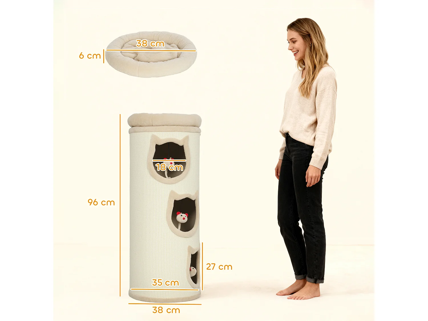 Torre per gatti tiragraffi con 3 casette e lettino superiore crema