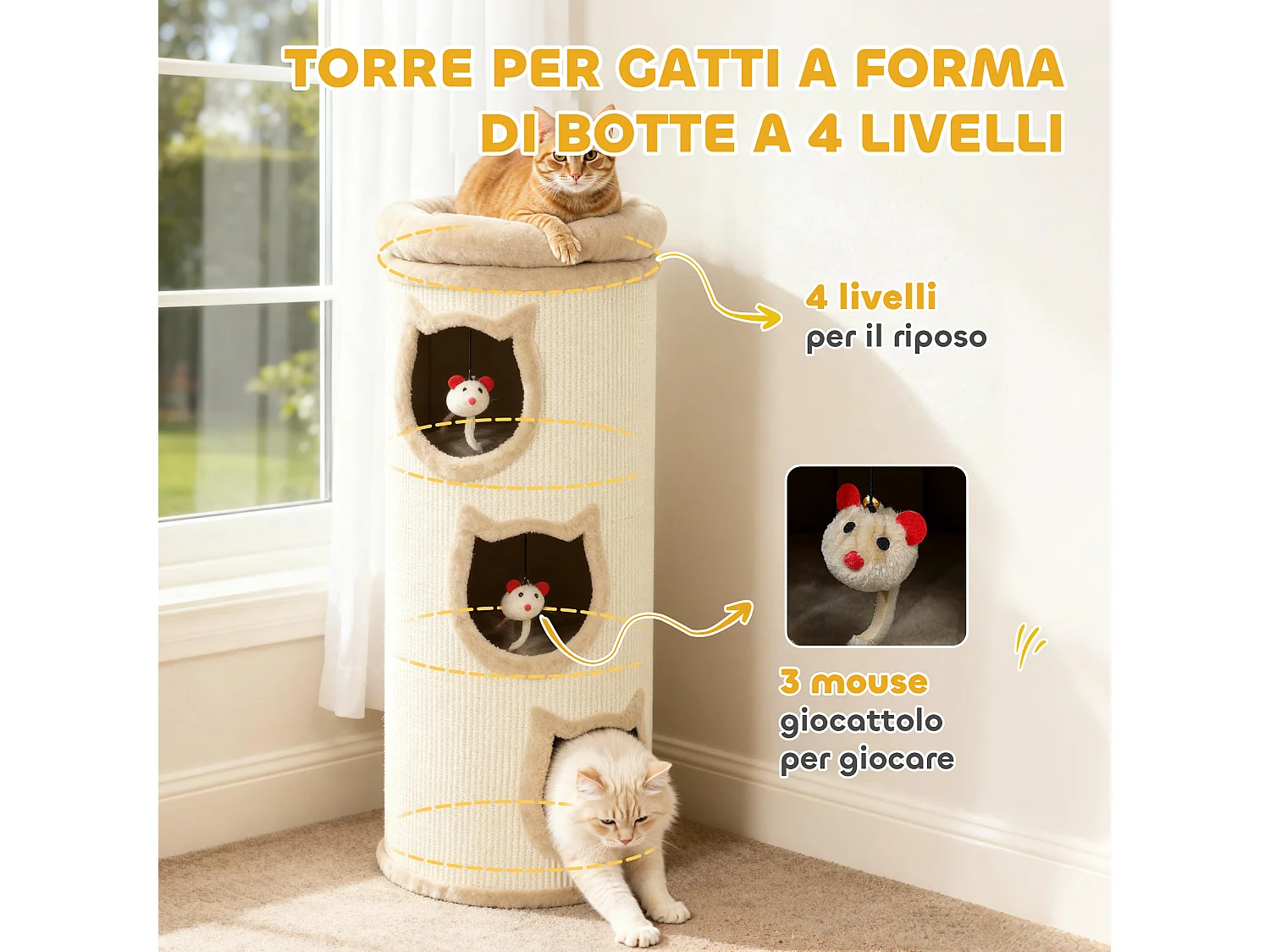 Torre per gatti tiragraffi con 3 casette e lettino superiore crema