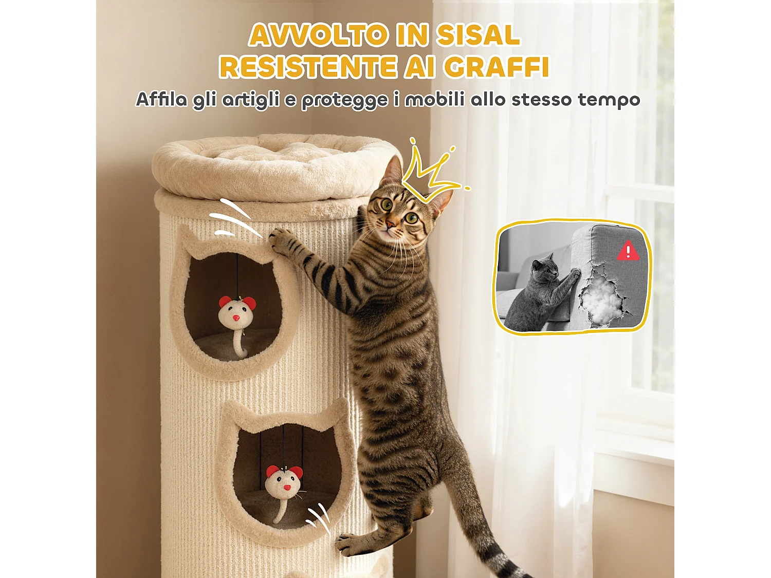 Torre per gatti tiragraffi con 3 casette e lettino superiore crema