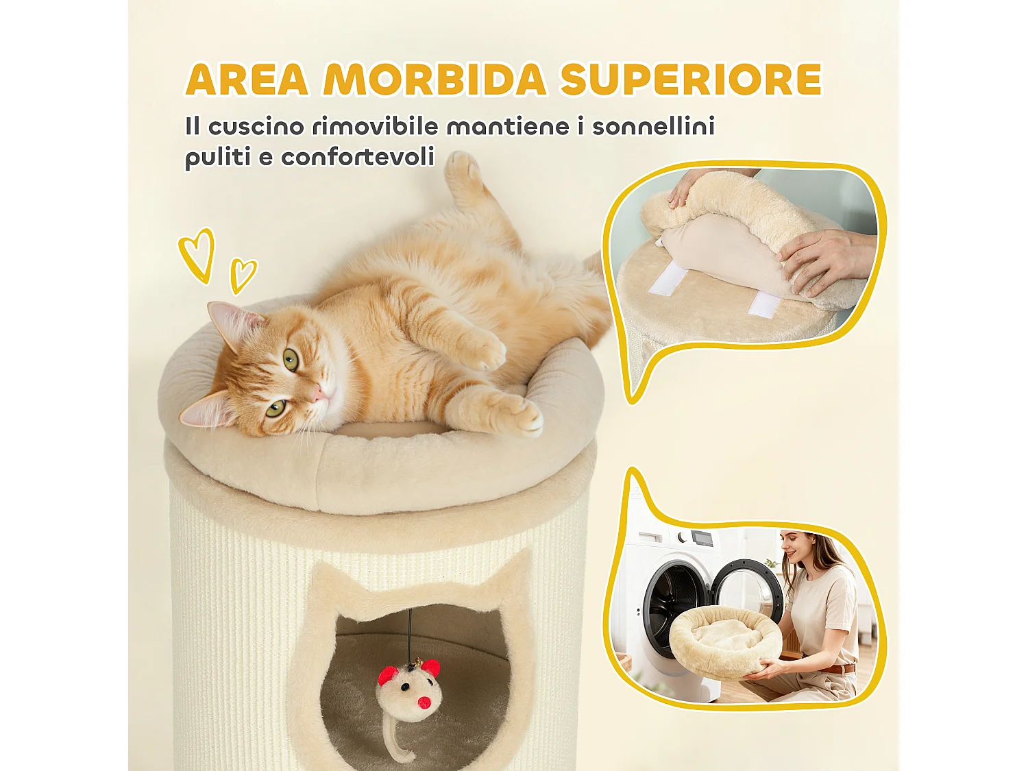 Torre per gatti tiragraffi con 3 casette e lettino superiore crema