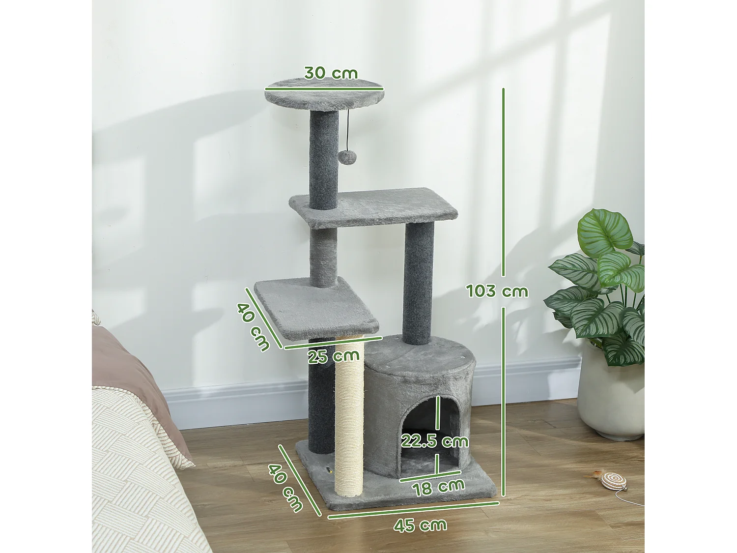 Albero tiragraffi per gatti multilivello con casetta in peluche grigio