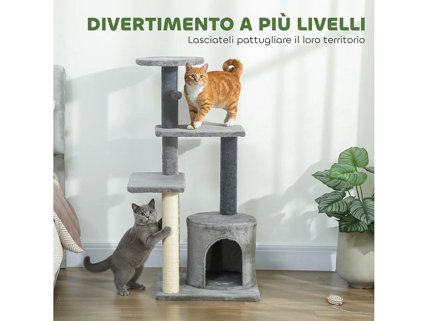 Albero tiragraffi per gatti multilivello con casetta in peluche grigio