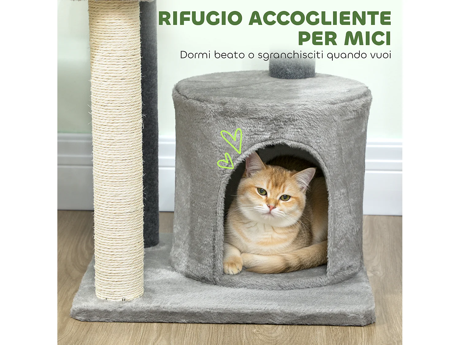 Albero tiragraffi per gatti multilivello con casetta in peluche grigio