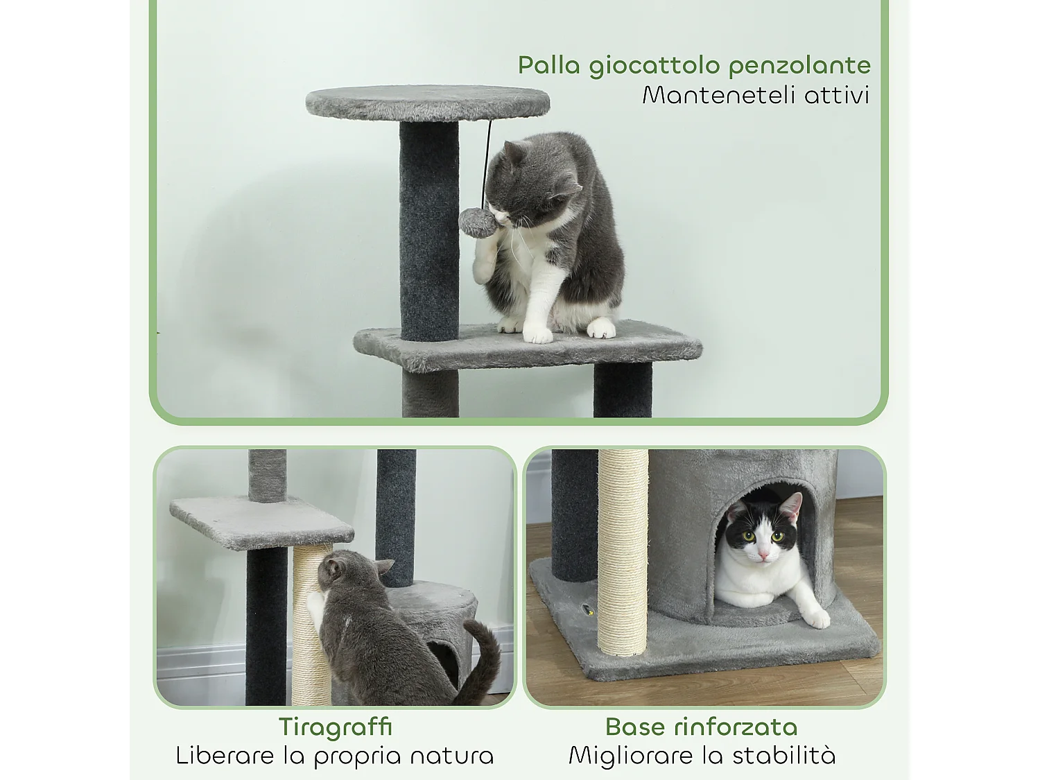 Albero tiragraffi per gatti multilivello con casetta in peluche grigio