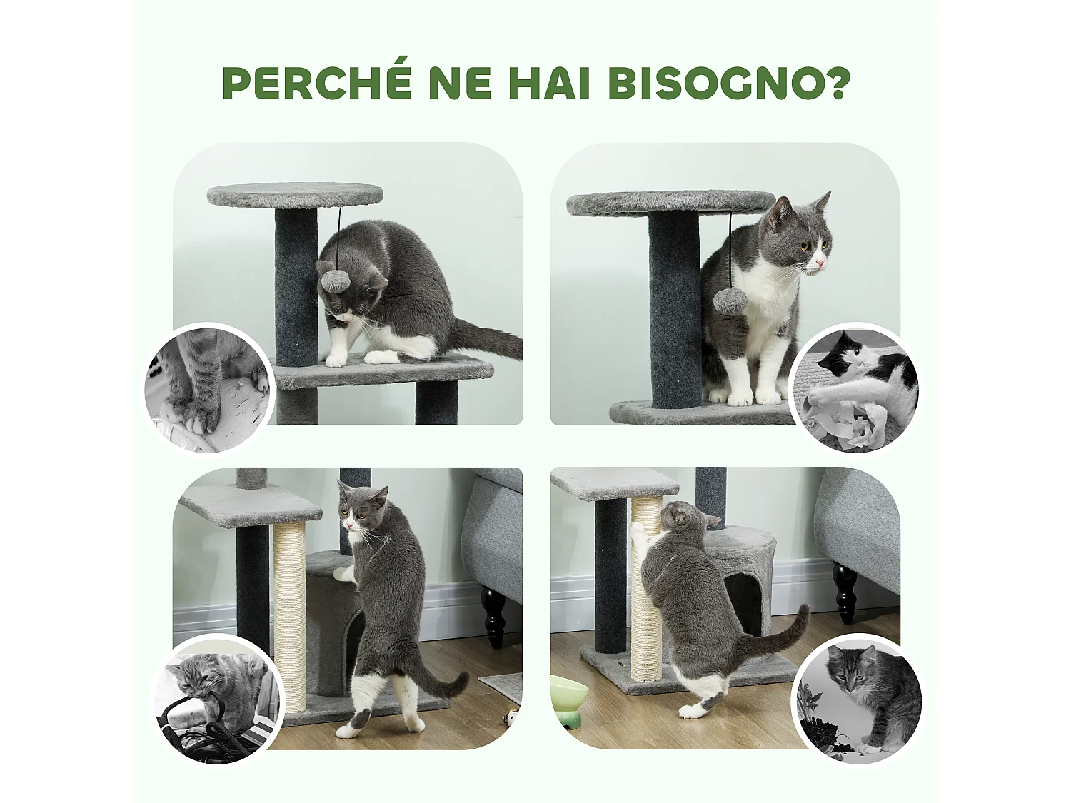 Albero tiragraffi per gatti multilivello con casetta in peluche grigio