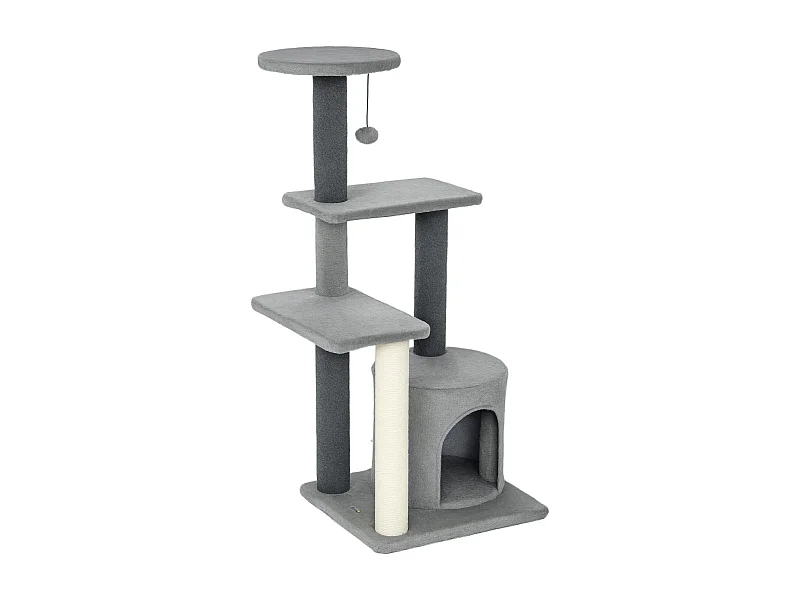 Albero tiragraffi per gatti multilivello con casetta in peluche grigio