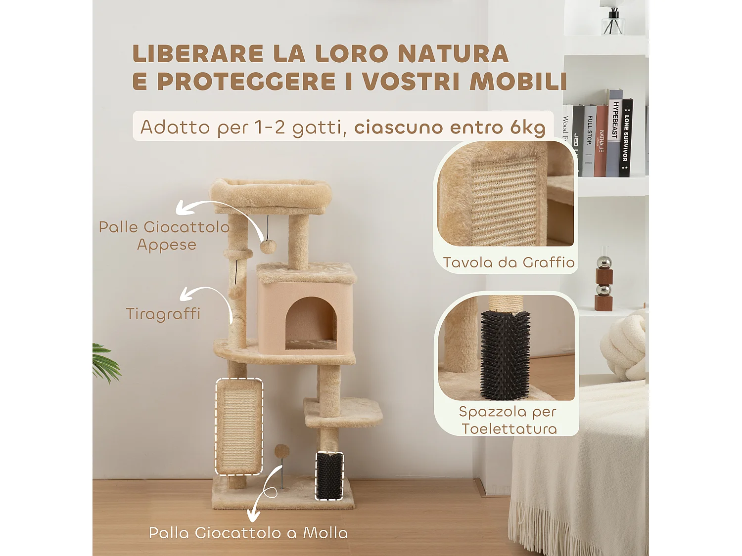 Albero per gatti con casetta lettino con spazzole e tiragraffi beige