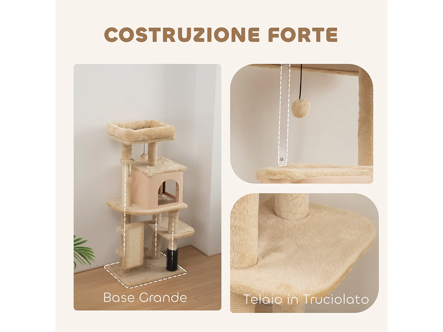 Albero per gatti con casetta lettino con spazzole e tiragraffi beige