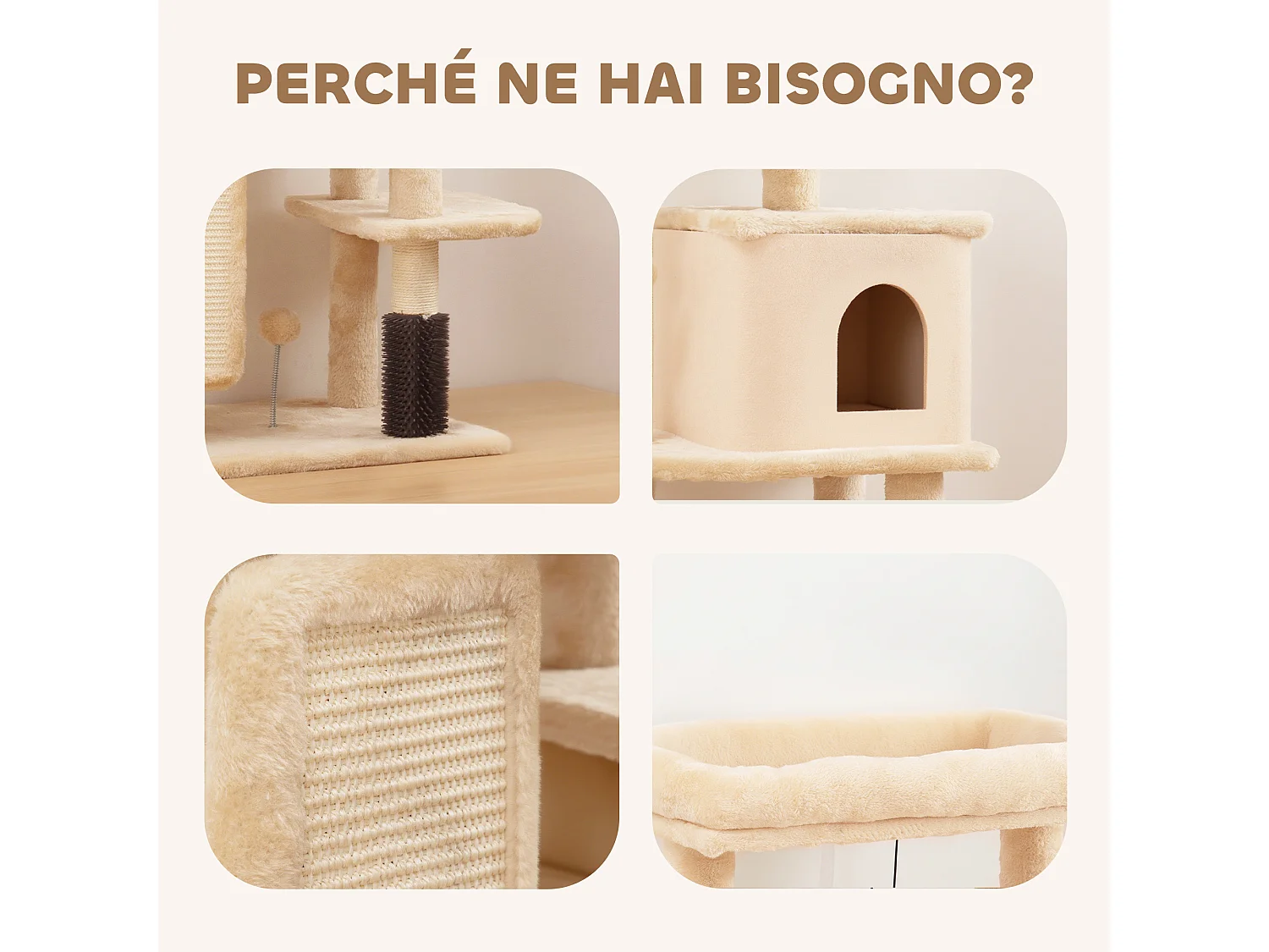 Albero per gatti con casetta lettino con spazzole e tiragraffi beige