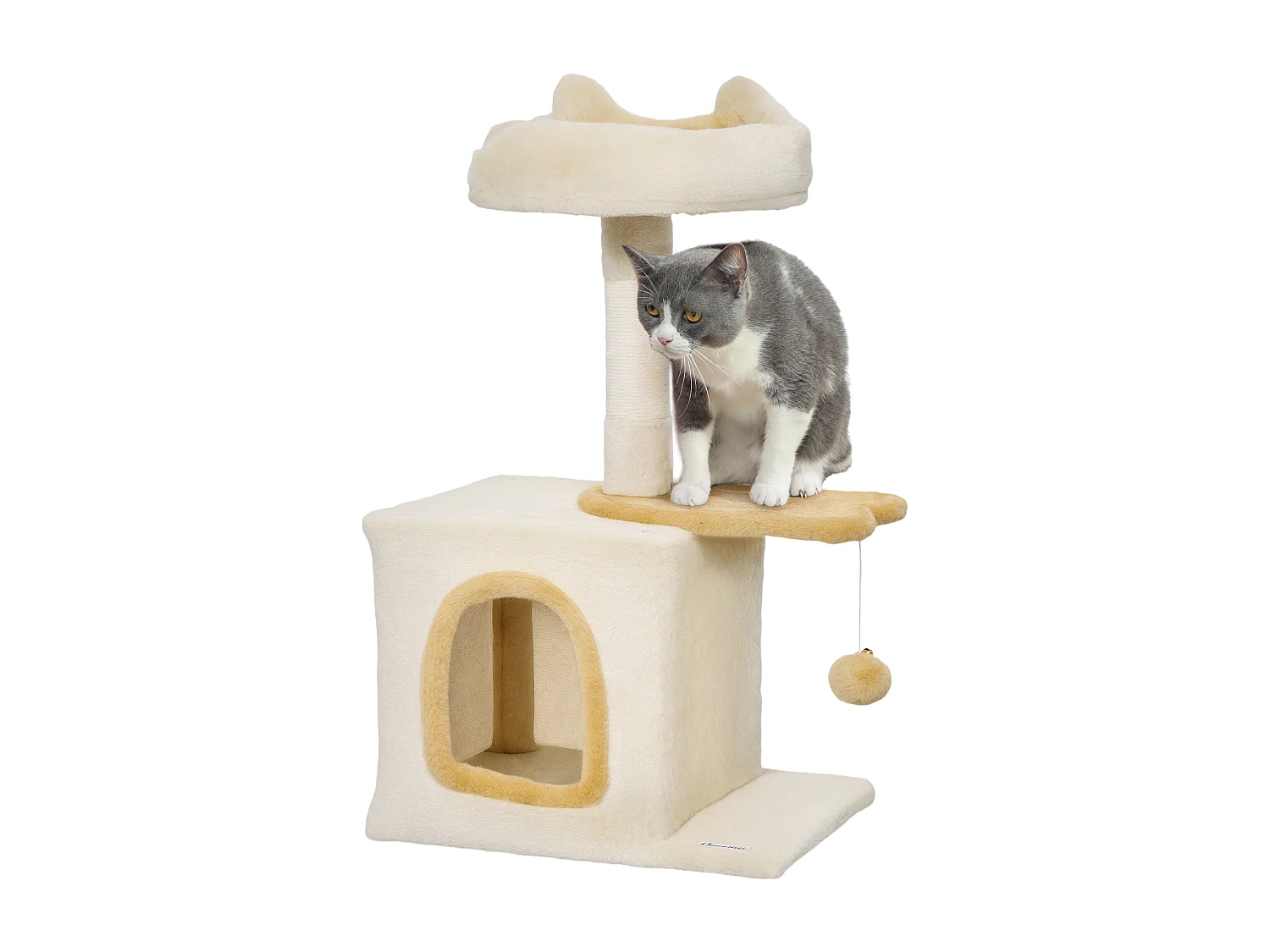 Tiragraffi per gatti con posatoio e casetta 40x30x72 cm beige e giallo