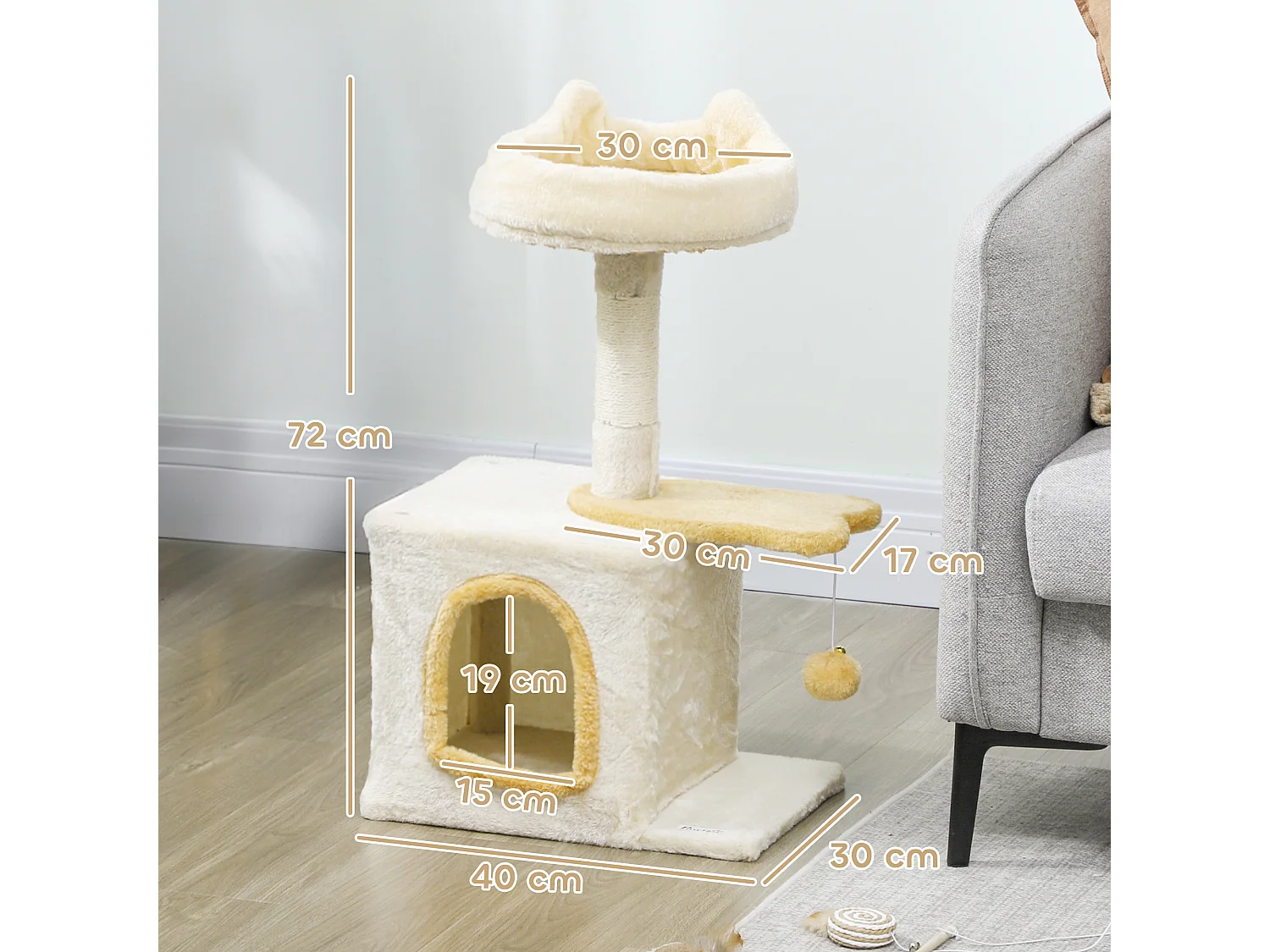 Tiragraffi per gatti con posatoio e casetta 40x30x72 cm beige e giallo