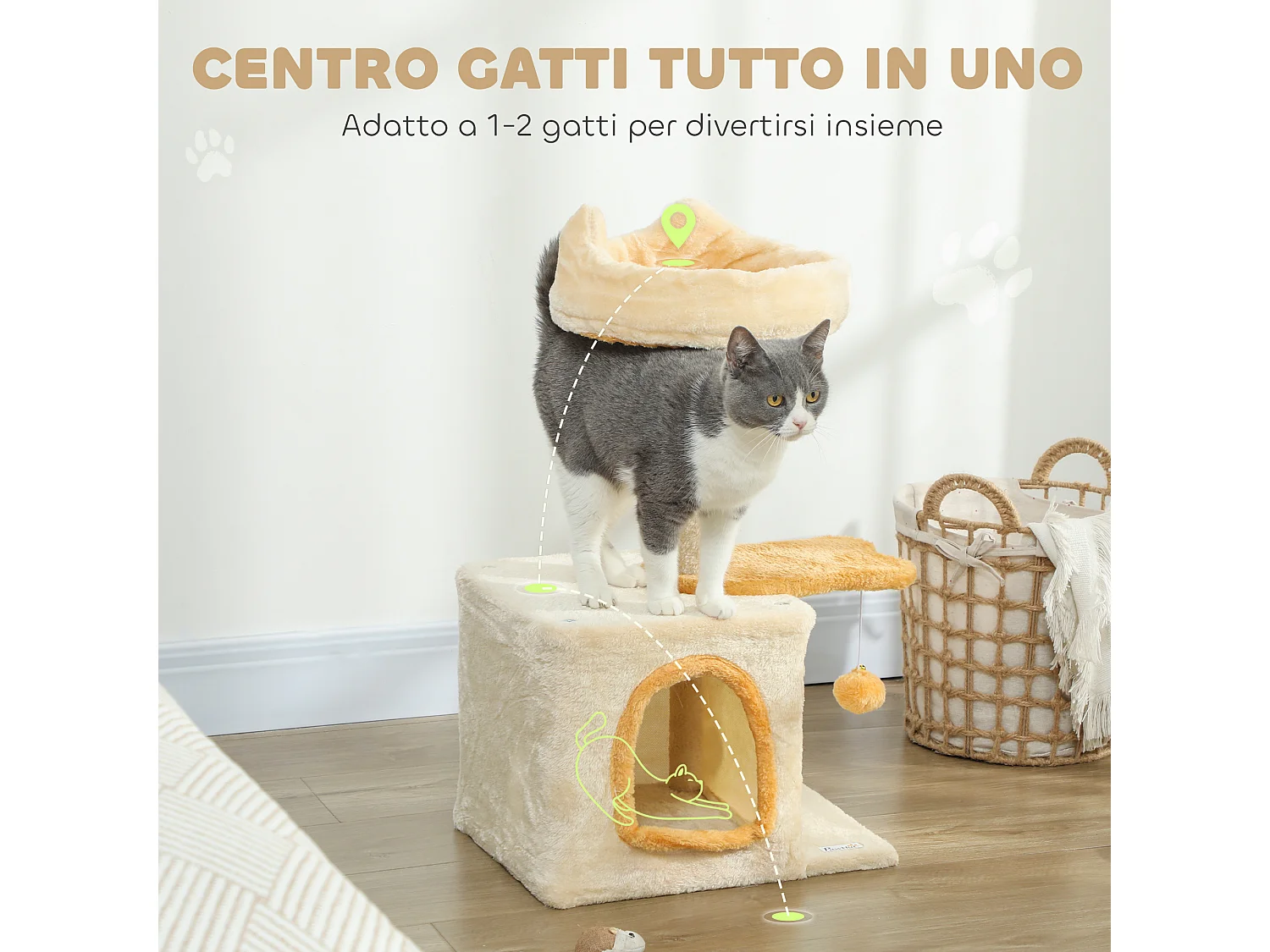 Tiragraffi per gatti con posatoio e casetta 40x30x72 cm beige e giallo