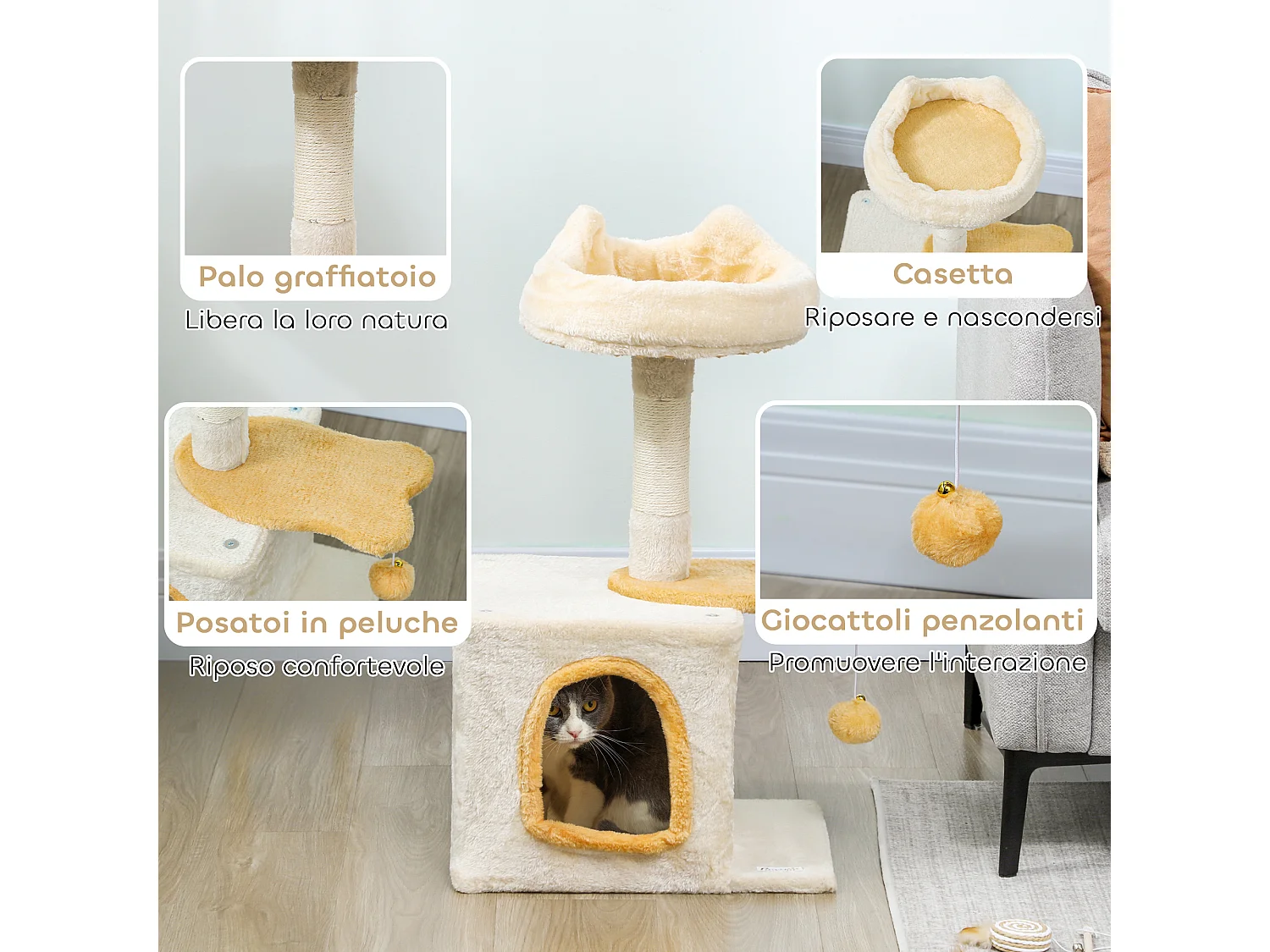 Tiragraffi per gatti con posatoio e casetta 40x30x72 cm beige e giallo