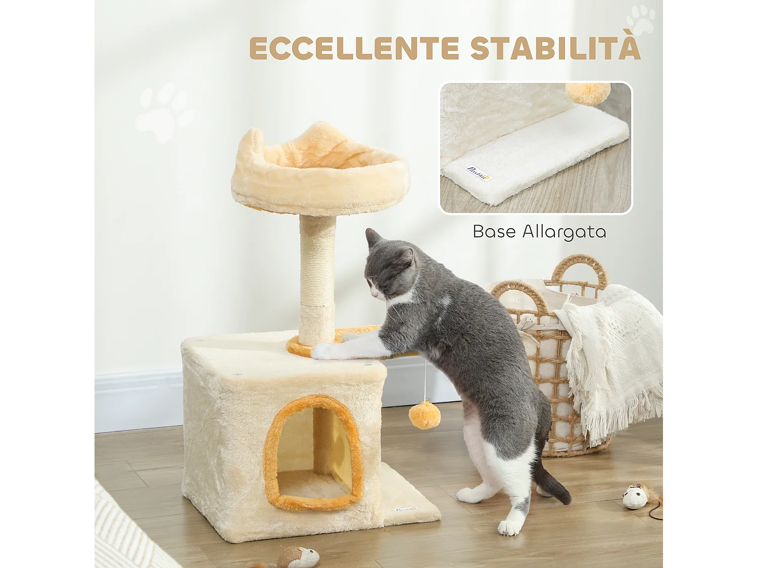 Tiragraffi per gatti con posatoio e casetta 40x30x72 cm beige e giallo