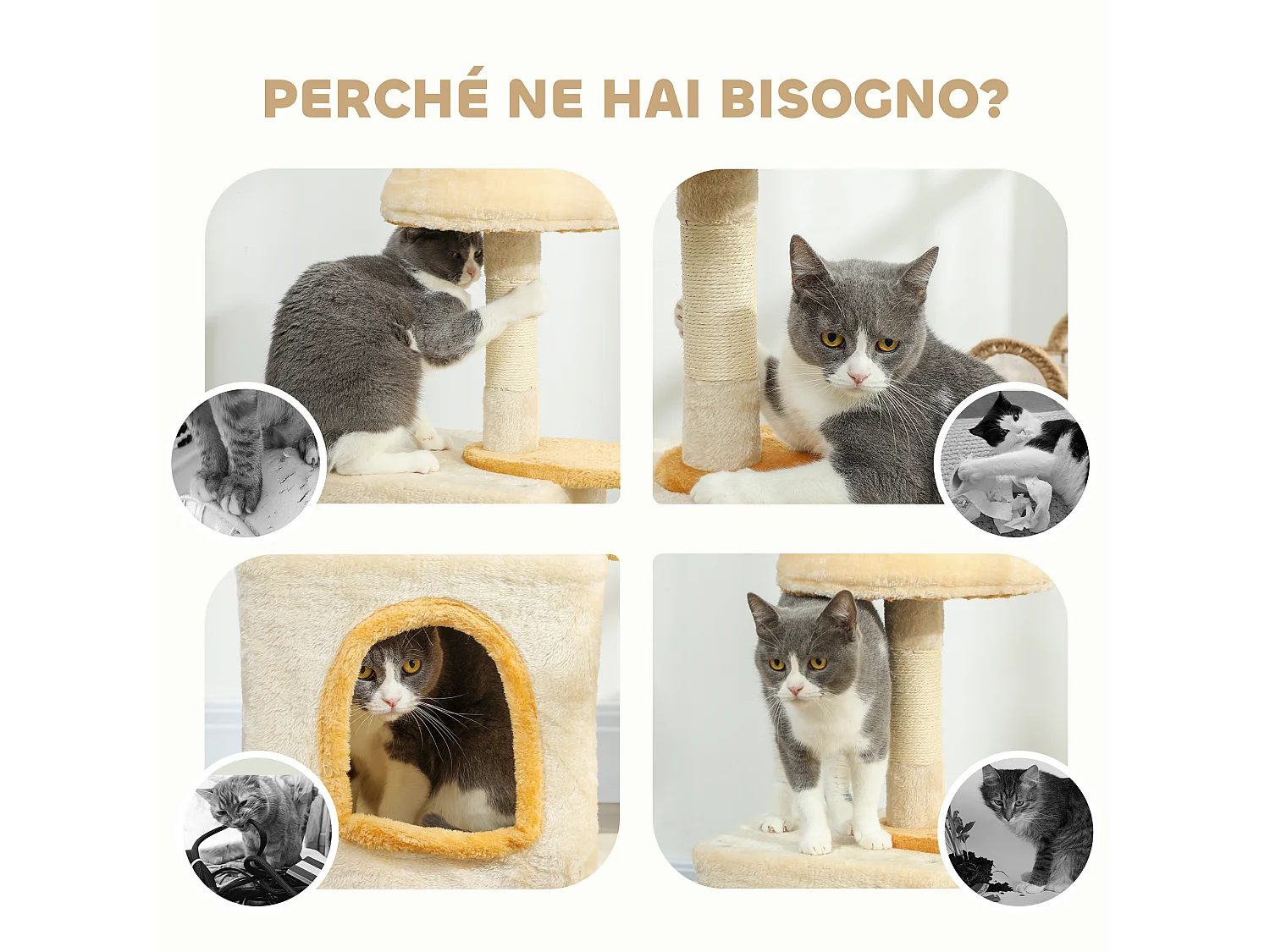 Tiragraffi per gatti con posatoio e casetta 40x30x72 cm beige e giallo