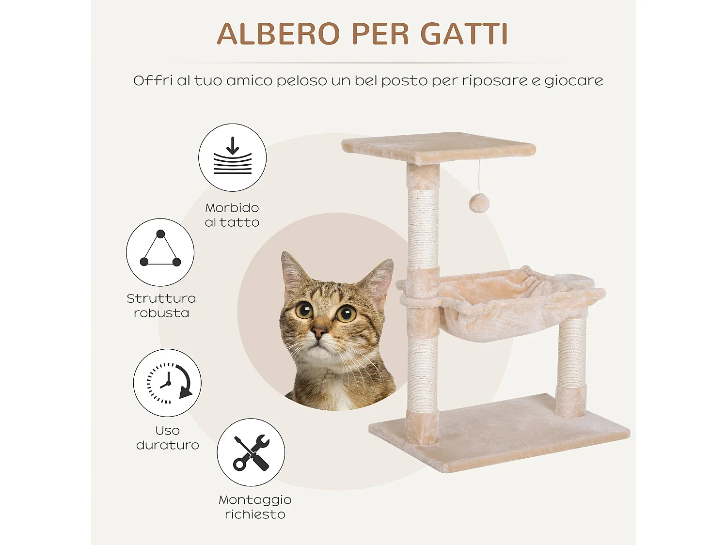 Tiragraffi per gatti multilivello con amaca e pallina beige