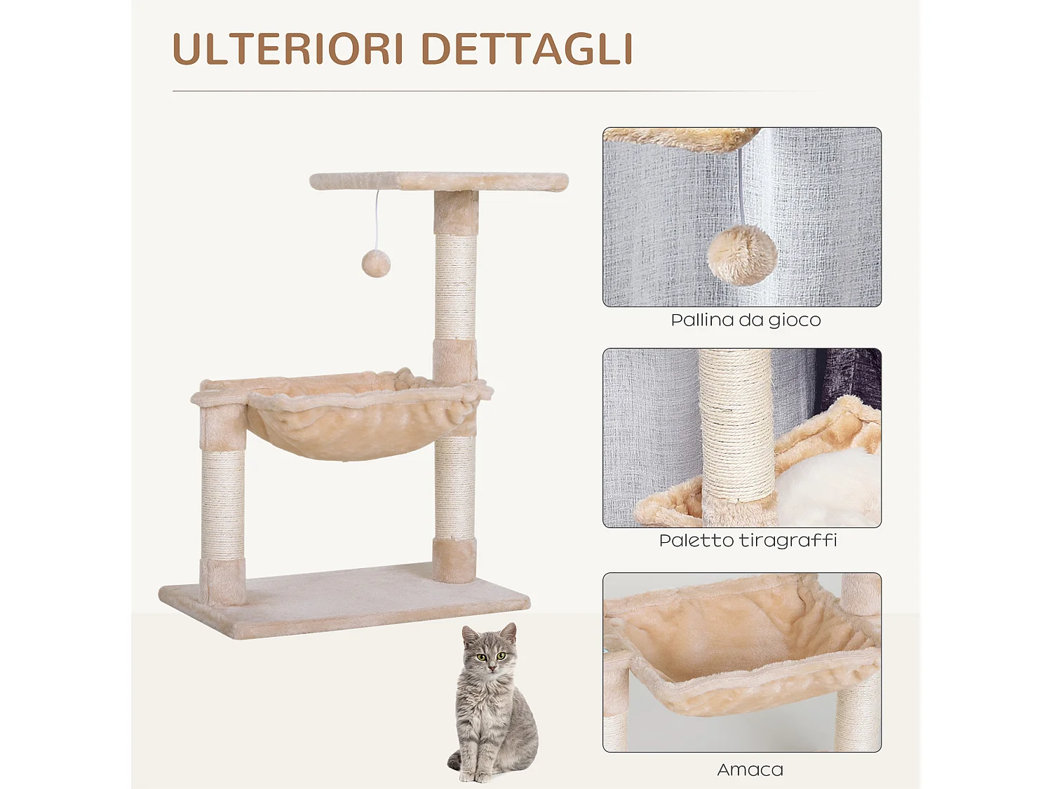 Tiragraffi per gatti multilivello con amaca e pallina beige