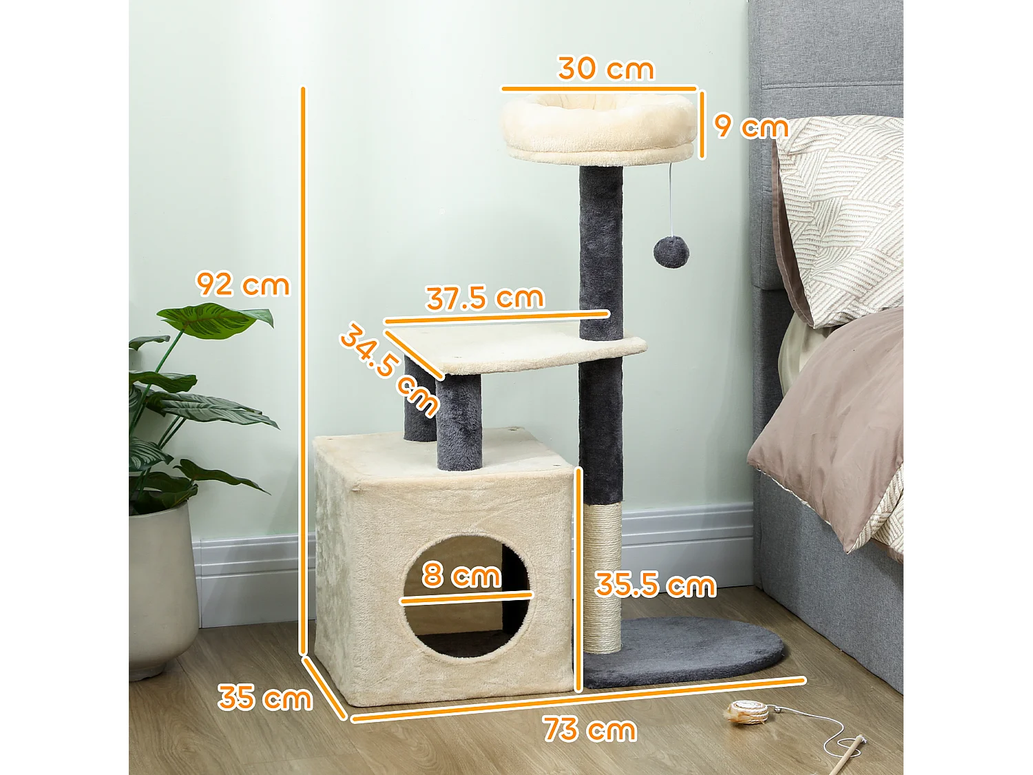 Albero tiragraffi alto 92 cm con casetta e lettino superiore crema