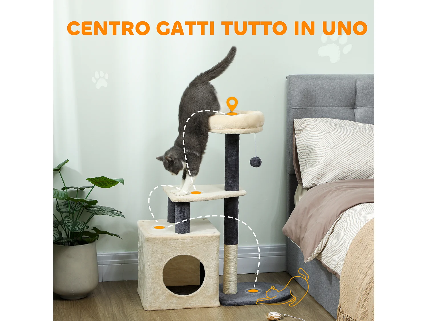 Albero tiragraffi alto 92 cm con casetta e lettino superiore crema