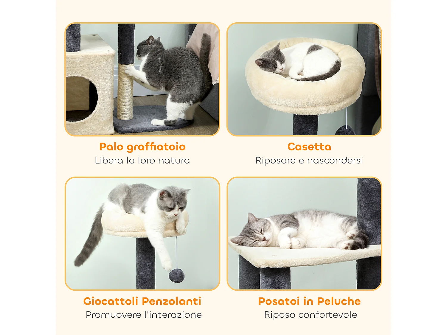 Albero tiragraffi alto 92 cm con casetta e lettino superiore crema