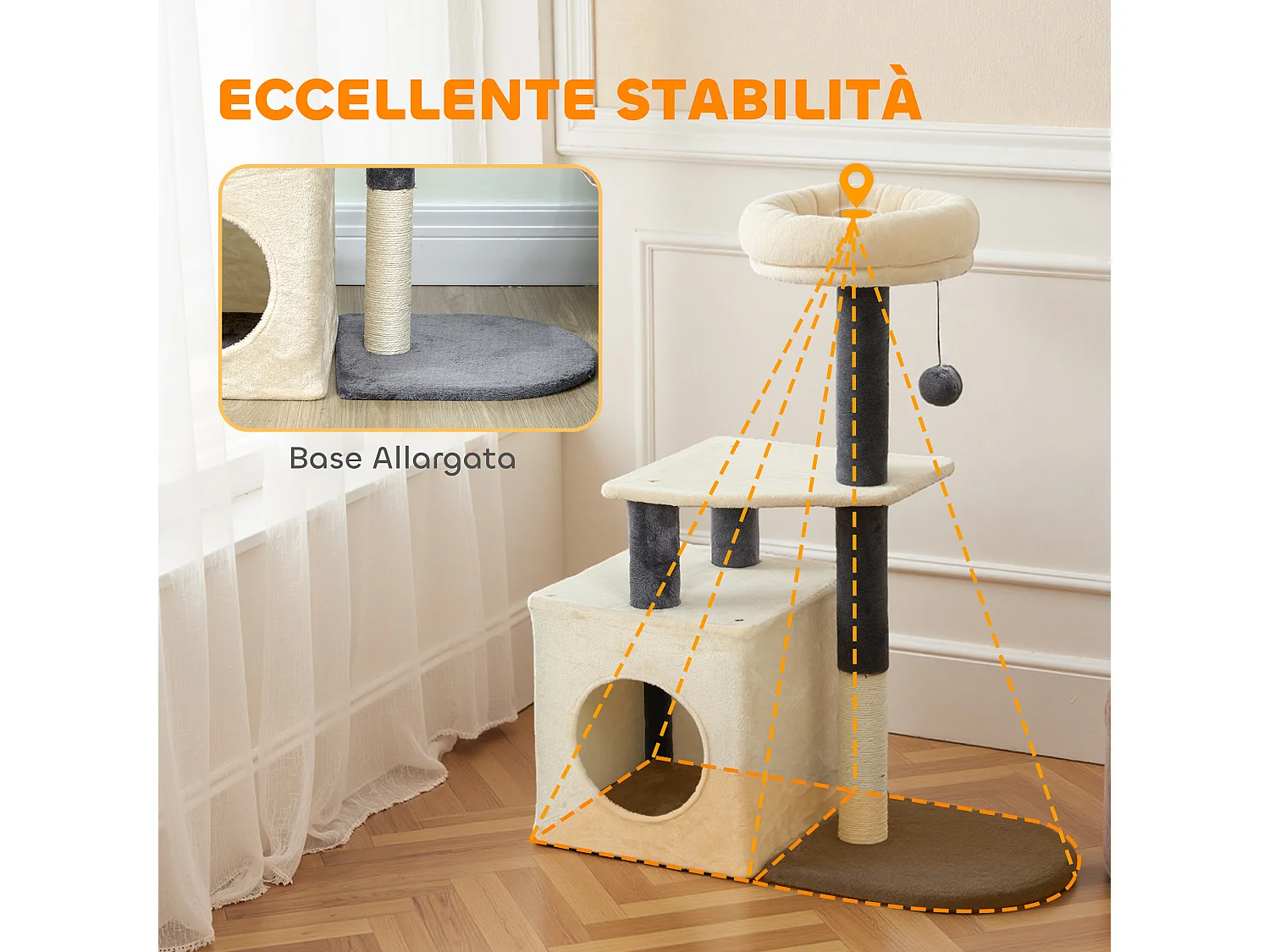 Albero tiragraffi alto 92 cm con casetta e lettino superiore crema