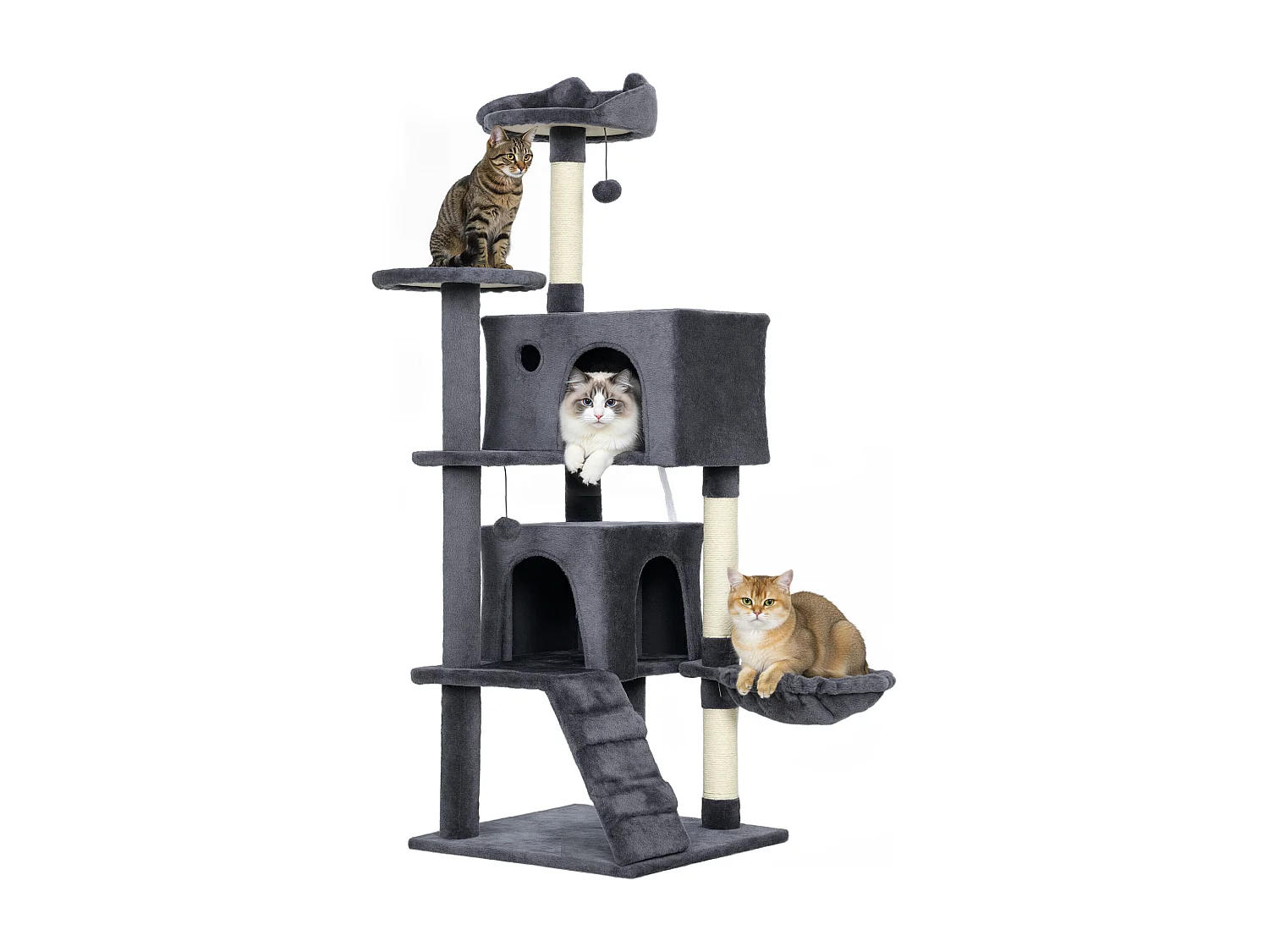Albero per Gatti Multilivello con 3 Pali Graffiatoi, 2 Grotte, Cuccia, Amaca