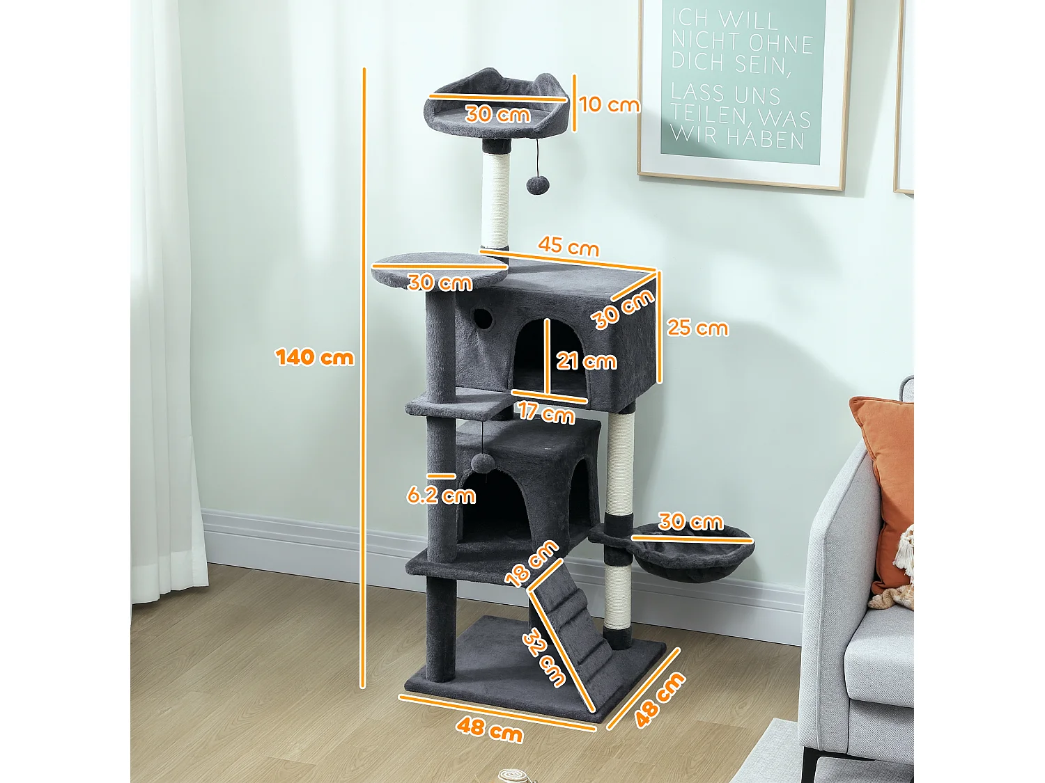 Albero per Gatti Multilivello con 3 Pali Graffiatoi, 2 Grotte, Cuccia, Amaca