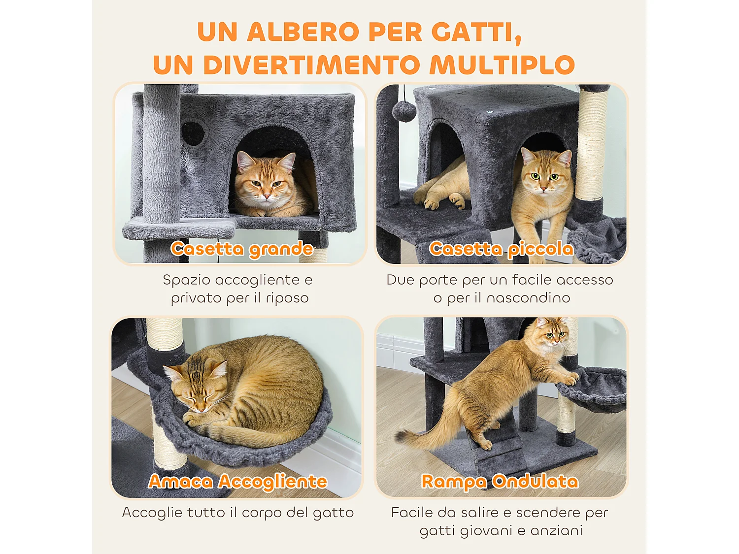 Albero per Gatti Multilivello con 3 Pali Graffiatoi, 2 Grotte, Cuccia, Amaca