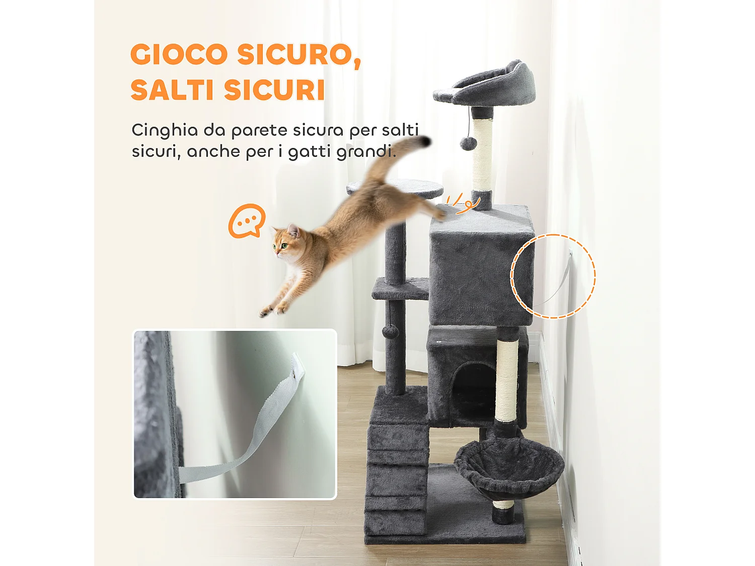 Albero per Gatti Multilivello con 3 Pali Graffiatoi, 2 Grotte, Cuccia, Amaca